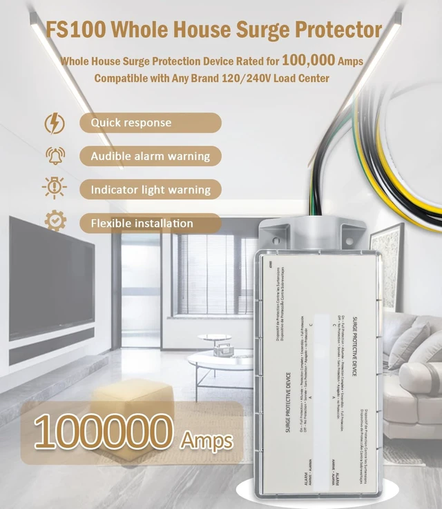 Alt view image 2 of 7 - FS100 100kA Whole House Surge Protector, 120/240V 100kA surge capacity for 120/240V split-phase systems; LED status and audible alarm; hardwired indoor/outdoor installation