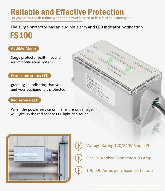 Alt view image 3 of 7 - FS100 100kA Whole House Surge Protector, 120/240V 100kA surge capacity for 120/240V split-phase systems; LED status and audible alarm; hardwired indoor/outdoor installation