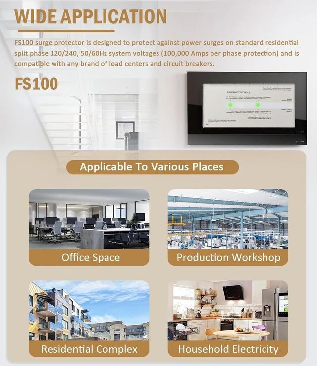 Alt view image 6 of 7 - FS100 100kA Whole House Surge Protector, 120/240V 100kA surge capacity for 120/240V split-phase systems; LED status and audible alarm; hardwired indoor/outdoor installation