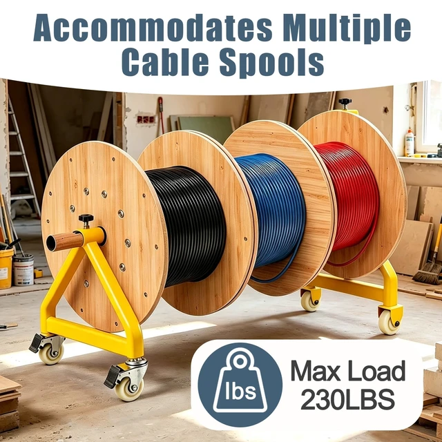Alt view image 5 of 7 - Portable Cable Caddy, Spool Holder with Brake Wheels,Wire Spool Rack for 28" Spools,230 lbs Capacity