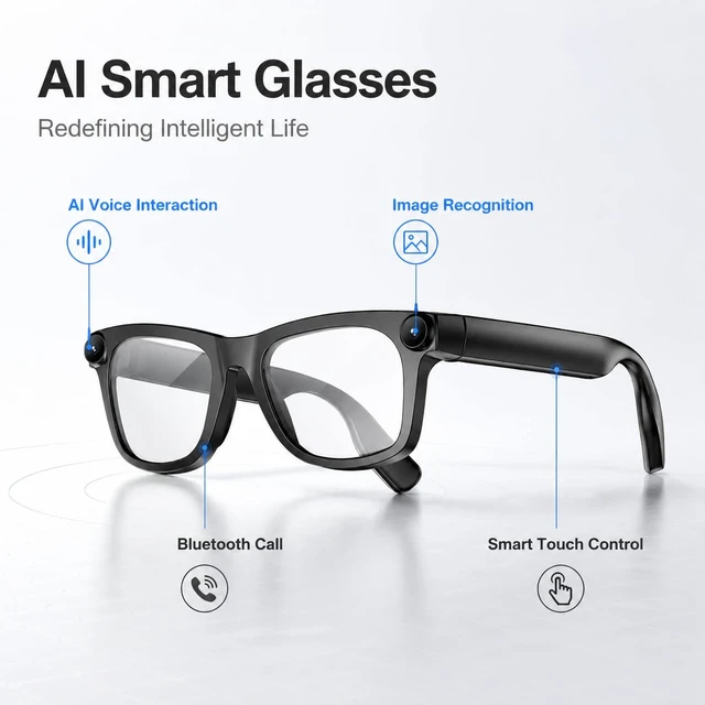 Alt view image 2 of 7 - AI Smart Glasses with 8MP Camera and Voice Control 140+ Languages Translation, Photo & Video Recording, Bluetooth Enabled, Audio Recording, for Men & Women