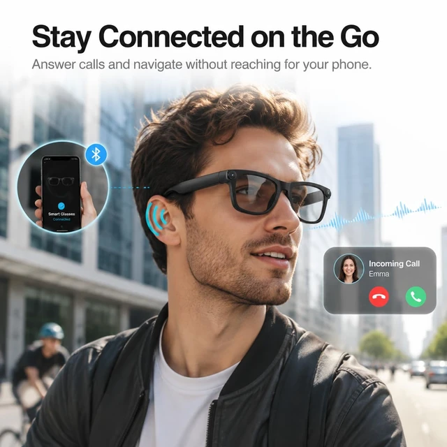 Alt view image 6 of 7 - AI Smart Glasses with 8MP Camera and Voice Control 140+ Languages Translation, Photo & Video Recording, Bluetooth Enabled, Audio Recording, for Men & Women
