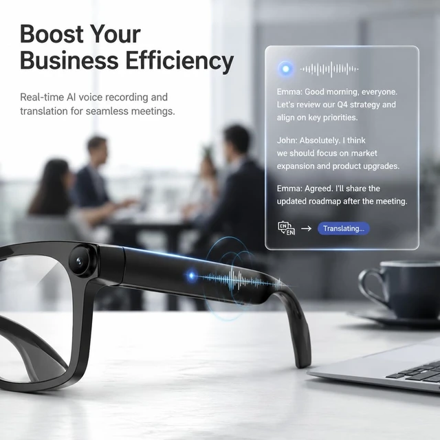 Alt view image 4 of 7 - AI Smart Glasses with 8MP Camera and Voice Control 140+ Languages Translation, Photo & Video Recording, Bluetooth Enabled, Audio Recording, for Men & Women