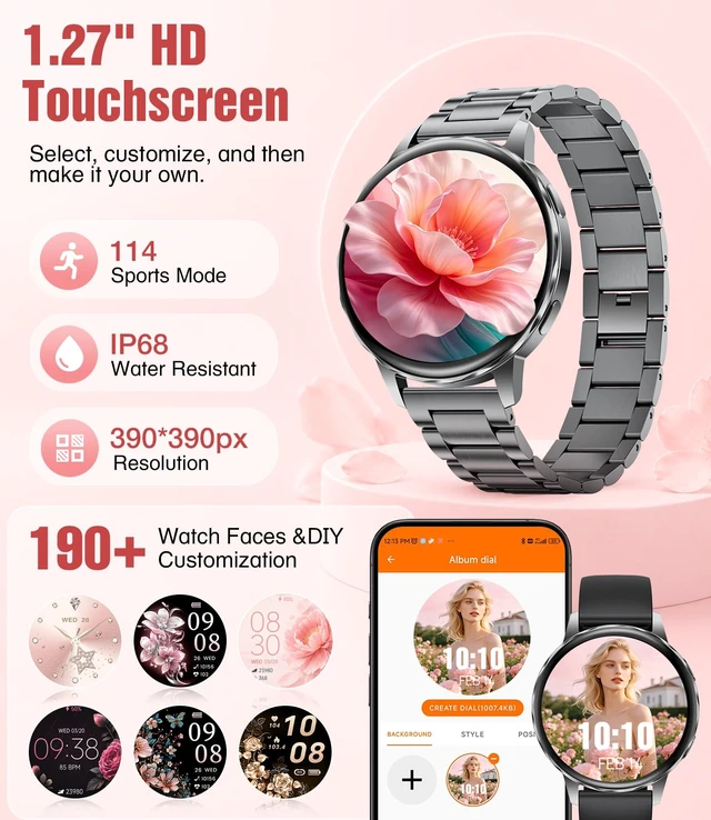 Alt view image 2 of 7 - 1.27" Smart Watch for Women,Smart Watch for Android/iOS with Bluetooth Call,Health Tracker 100+ Sports Modes, IP68 Waterproof,Mutifuction 2 Straps(Black)