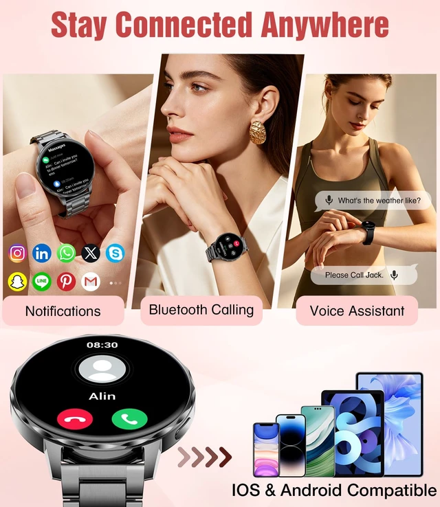 Alt view image 3 of 7 - 1.27" Smart Watch for Women,Smart Watch for Android/iOS with Bluetooth Call,Health Tracker 100+ Sports Modes, IP68 Waterproof,Mutifuction 2 Straps(Black)