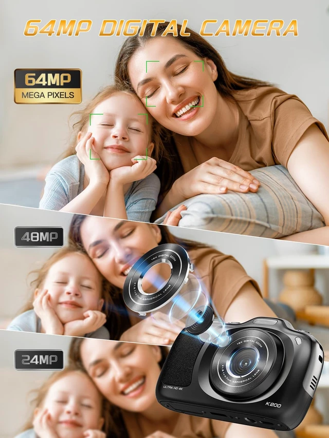 Alt view image 2 of 7 - 4K 64MP Digital Camera with 64GB Card and 16X ZoomEasy for Kids(Black) Autofocus Portable Compact Camera for Photography, Perfect for Teens, Kids, Adults & Beginners