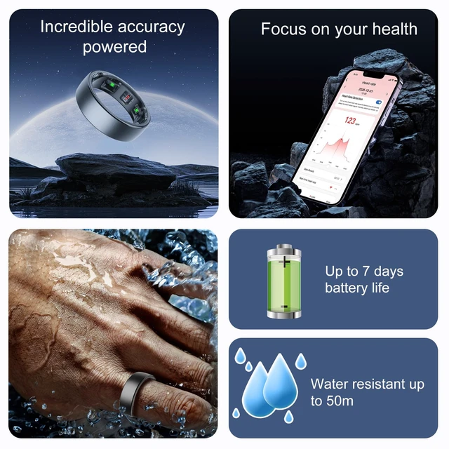 Alt view image 4 of 7 - Smart Ring for Women Men,Fitness Tracker Ring with Sleep Monitor,Heart Rate,Blood Oxygen,Steps,Calories Tracker,IP68 Waterproof Smart Rings,5-7 Days Battery Life for iOS Android,No App FeeBlack,7