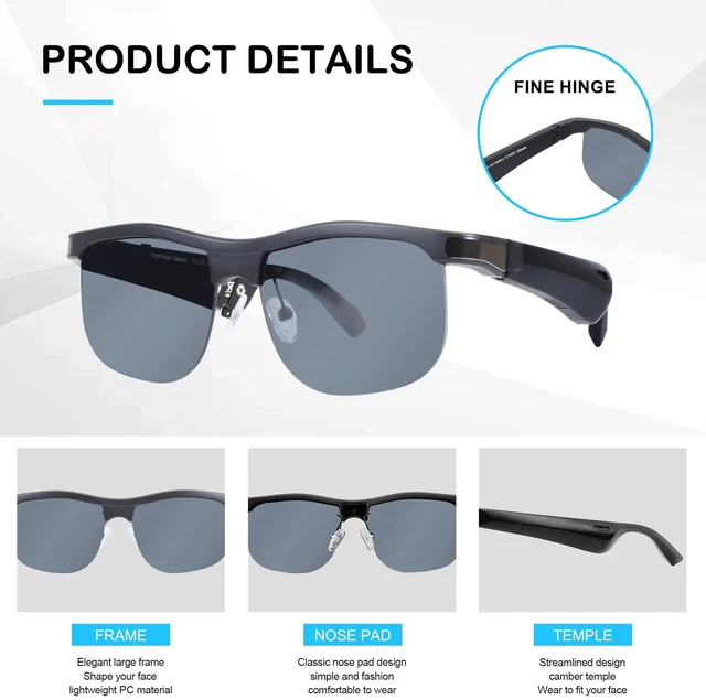 Alt view image 2 of 7 - Smart Glasses Polarized UV400 Open Ear Bluetooth Speakers Black Audio music glasses, Built-in mic, Voice assistant, Bluetooth 5.0, Hands-free calls, Unisex, Sport, Outdoor, UV400 protection