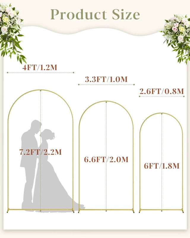 Alt view image 2 of 7 - Wedding Arch, Metal Arch Backdrop Stand, Gold, 7.2FT, 6.6FT, 6FT Gold Arch Backdrop Stand Set of 3, Balloon Arch Stand for Baby Shower, Birthday Party, Wedding Frame for Ceremony Decoration