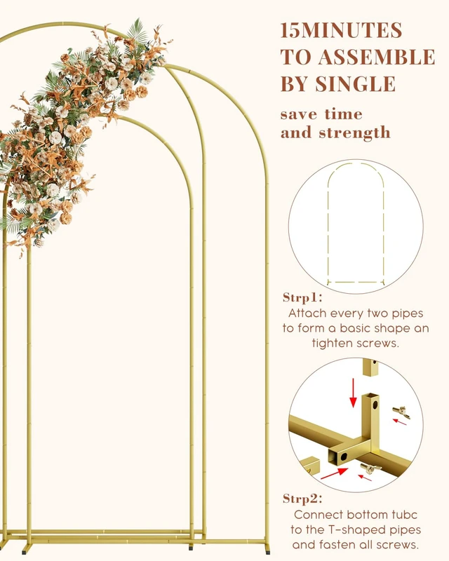 Alt view image 5 of 7 - Wedding Arch, Metal Arch Backdrop Stand, Gold, 7.2FT, 6.6FT, 6FT Gold Arch Backdrop Stand Set of 3, Balloon Arch Stand for Baby Shower, Birthday Party, Wedding Frame for Ceremony Decoration