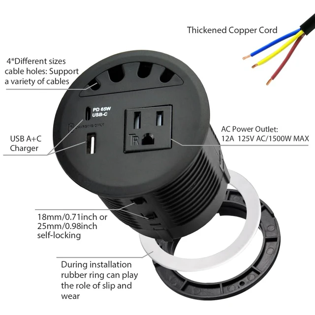 Alt view image 2 of 7 - USB PD 65W, Desktop Power Grommet, with 1 AC Power Outlet and Fast Charging USB-A+C 65W,4.5FT Extension Cord Recessed Power Outlet for Conference Room (Black)