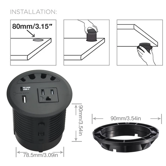 Alt view image 5 of 7 - USB PD 65W, Desktop Power Grommet, with 1 AC Power Outlet and Fast Charging USB-A+C 65W,4.5FT Extension Cord Recessed Power Outlet for Conference Room (Black)
