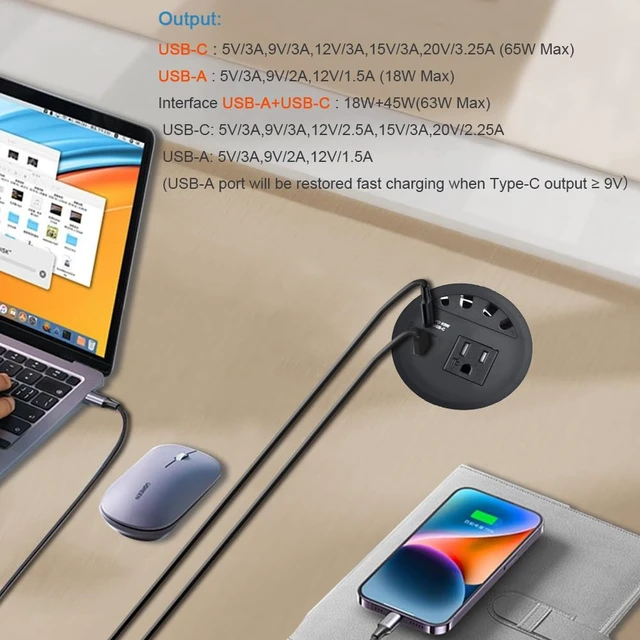 Alt view image 4 of 7 - USB PD 65W, Desktop Power Grommet, with 1 AC Power Outlet and Fast Charging USB-A+C 65W,4.5FT Extension Cord Recessed Power Outlet for Conference Room (Black)