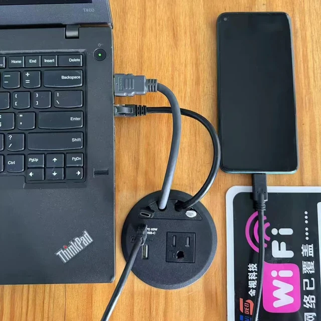 Alt view image 6 of 7 - USB PD 65W, Desktop Power Grommet, with 1 AC Power Outlet and Fast Charging USB-A+C 65W,4.5FT Extension Cord Recessed Power Outlet for Conference Room (Black)