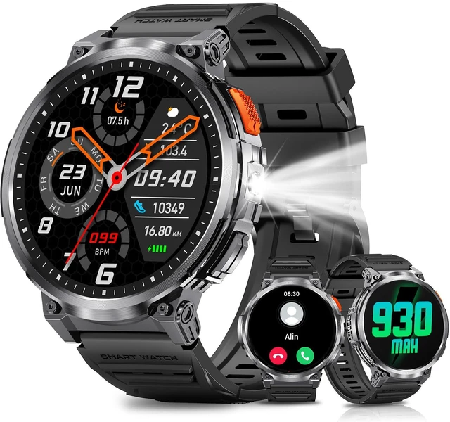 Main image of Military Smart Watch for Men, 1.85" Big Screen, 930mAh Battery, Flashlight AMOLED Display, Bluetooth Calling, IP68 Waterproof, 114 Sports Modes, Fitness Tracker, Compatible with Android & iPhone