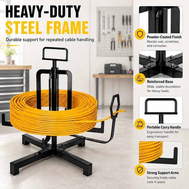 Alt view image 3 of 7 - Foldable Wire Spool Rack, Cable Reel Stand with Bearing Dispenser Portable Cable Spool Dispenser with Smooth Rotation and Foldable Design for Electrical Wiring, Workshops and Jobsite Use
