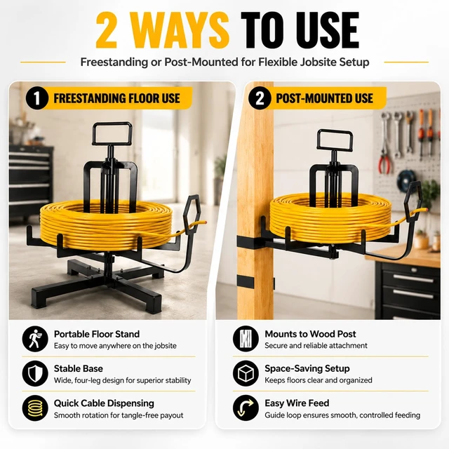 Alt view image 6 of 7 - Foldable Wire Spool Rack, Cable Reel Stand with Bearing Dispenser Portable Cable Spool Dispenser with Smooth Rotation and Foldable Design for Electrical Wiring, Workshops and Jobsite Use