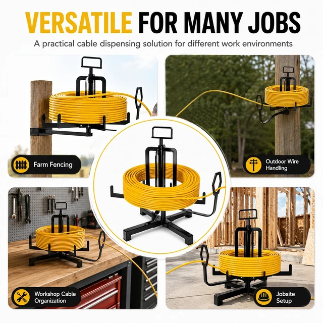 Alt view image 7 of 7 - Foldable Wire Spool Rack, Cable Reel Stand with Bearing Dispenser Portable Cable Spool Dispenser with Smooth Rotation and Foldable Design for Electrical Wiring, Workshops and Jobsite Use