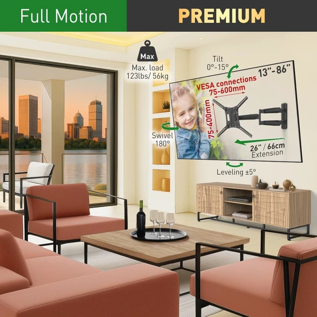 Alt view image 2 of 7 - 26" / 66cm Long TV Wall Mount, 13-83 inch Full Motion Articulating - 4 Movement Premium Flat/Curved Screen Bracket, Holds up to 95lbs, Extremely Extendable, Fits LED OLED LCD