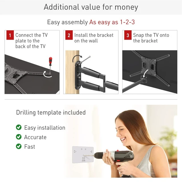 Alt view image 4 of 7 - 26" / 66cm Long TV Wall Mount, 13-83 inch Full Motion Articulating - 4 Movement Premium Flat/Curved Screen Bracket, Holds up to 95lbs, Extremely Extendable, Fits LED OLED LCD