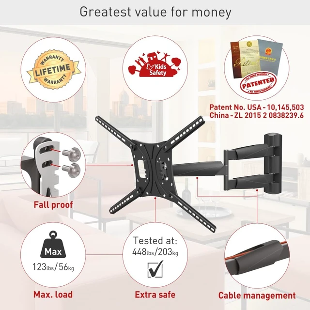 Alt view image 3 of 7 - 26" / 66cm Long TV Wall Mount, 13-83 inch Full Motion Articulating - 4 Movement Premium Flat/Curved Screen Bracket, Holds up to 95lbs, Extremely Extendable, Fits LED OLED LCD