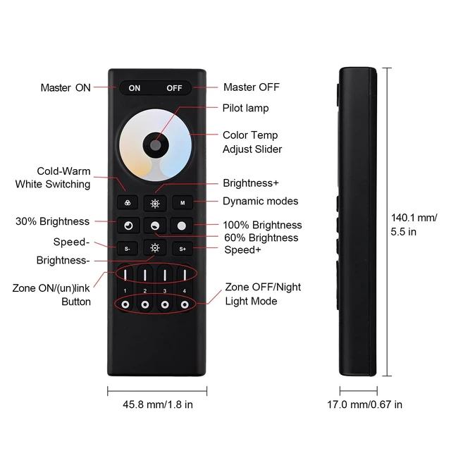 Alt view image 2 of 6 - CCT Dual White RC02RF RF Remote 2.4G 4-Zone for CCT LED Strip Controller | Touch Remote Panel Supports Dual White CCT Adjustment CCT LED Strip Controller Work with WB5 LM052 LM053 C02W C02Z C02RF