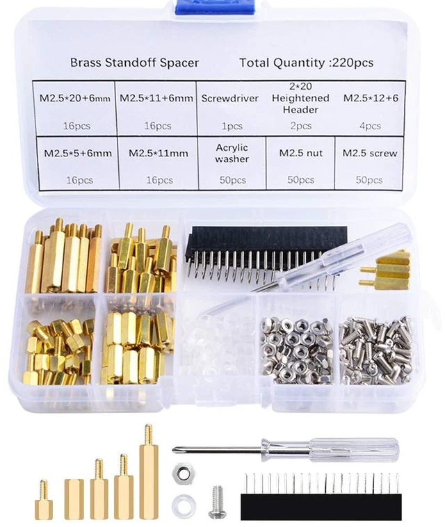 Main image of 220PCS Standoffs M2.5 Brass Spacer Hex Column Screw Nut Assortment Kit with Box,Male-Female for Raspberry Pi,with Acrylic Washer Screwdriver
