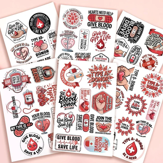 Alt view image 2 of 7 - (1.5-2 Inch) 60Pcs Blood Donation Stickers, Blood Donor Awareness Decals | Awareness Red Cross Style Waterproof Vinyl Sticker Pack for Laptop Water Bottle Phone Gifts for Nurses Medical Staff