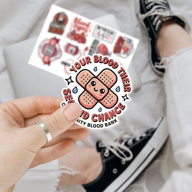 Alt view image 4 of 7 - (1.5-2 Inch) 60Pcs Blood Donation Stickers, Blood Donor Awareness Decals | Awareness Red Cross Style Waterproof Vinyl Sticker Pack for Laptop Water Bottle Phone Gifts for Nurses Medical Staff