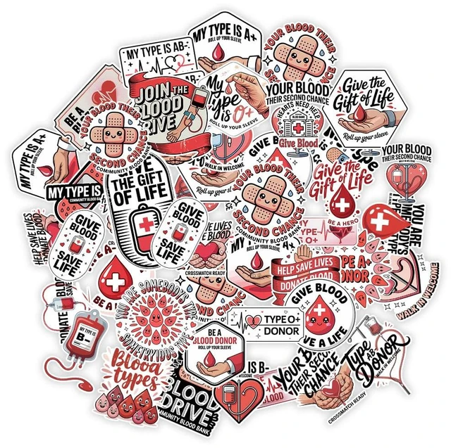 Main image of (1.5-2 Inch) 60Pcs Blood Donation Stickers, Blood Donor Awareness Decals | Awareness Red Cross Style Waterproof Vinyl Sticker Pack for Laptop Water Bottle Phone Gifts for Nurses Medical Staff