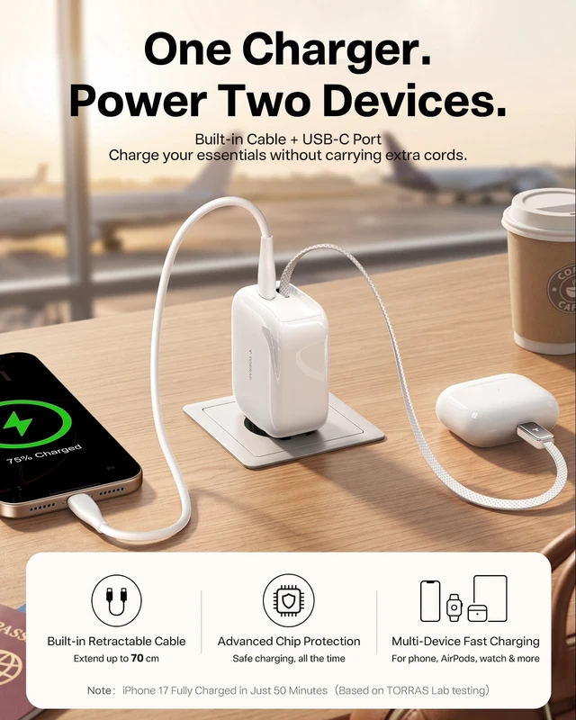 Alt view image 3 of 6 - FlexLine 35W USB C Charger, Dual-Port GaN Retractable Charger | iPhone 17/16/15, Galaxy, Pixel, iPad compatible, built-in braided cable, dual-device fast charging, travel and desk use