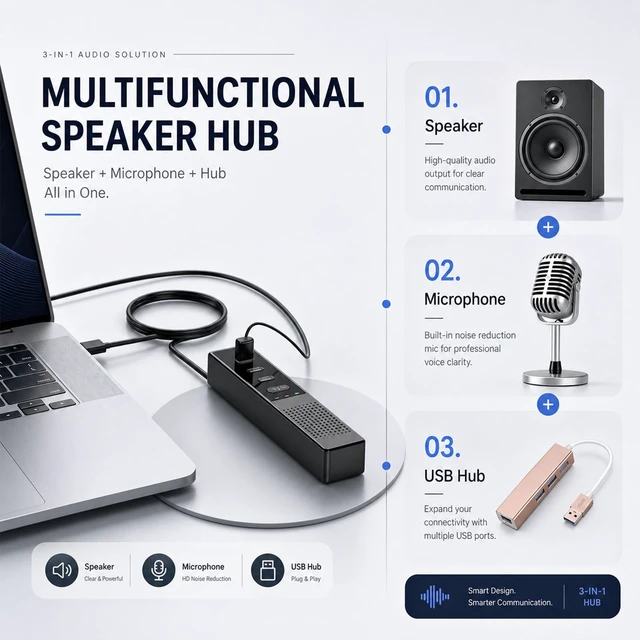 Alt view image 2 of 7 - 3 in 1 USB Wired Speaker with Microphone,Conference Speakerphone for PC & Laptop,360° Voice Pickup, Plug and Play, Computer Speaker for Zoom, Teams, Skype, Home Office & Online Meetings