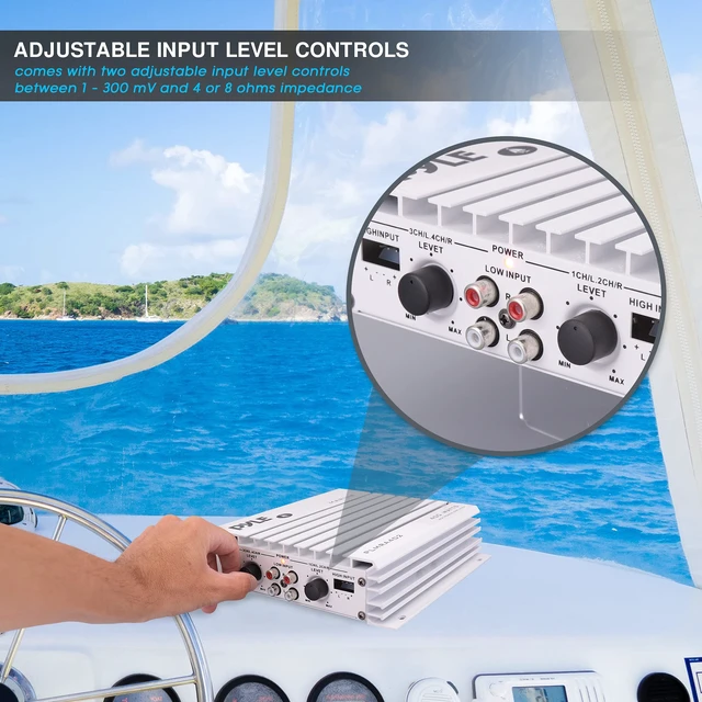 Alt view image 4 of 7 - Hydra Marine Amplifier - Upgraded Elite Series 400 Watt 4 Channel Audio Amplifier | Waterproof Dual MOSFET Power Supply | GAIN Level Controls, RCA Stereo Input & LED Indicator