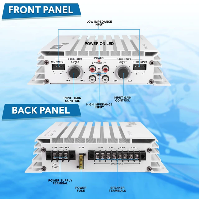 Alt view image 2 of 7 - Hydra Marine Amplifier - Upgraded Elite Series 400 Watt 4 Channel Audio Amplifier | Waterproof Dual MOSFET Power Supply | GAIN Level Controls, RCA Stereo Input & LED Indicator