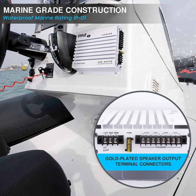 Alt view image 5 of 7 - Hydra Marine Amplifier - Upgraded Elite Series 400 Watt 4 Channel Audio Amplifier | Waterproof Dual MOSFET Power Supply | GAIN Level Controls, RCA Stereo Input & LED Indicator