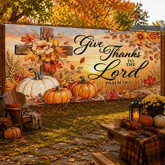 Alt view image 2 of 7 - Thanksgiving Fall Garage Door Banner 6X13ft Polyester | Cross decor, wheat element, fall door cover, thanksgiving garage door cover, Farmhouse, Courtyard (Sunset crosspumpkin print