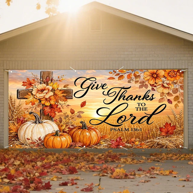 Main image of Thanksgiving Fall Garage Door Banner 6X13ft Polyester | Cross decor, wheat element, fall door cover, thanksgiving garage door cover, Farmhouse, Courtyard (Sunset crosspumpkin print