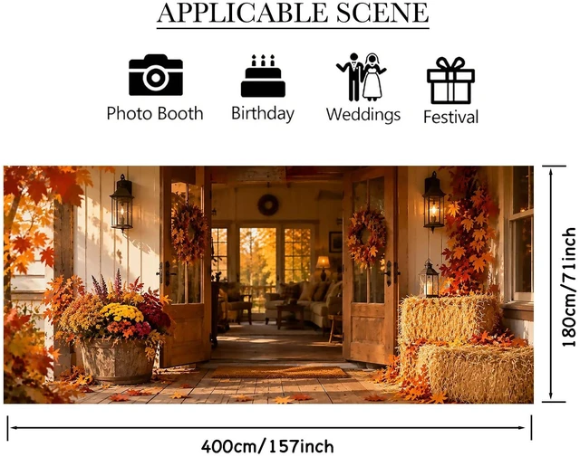 Alt view image 3 of 7 - Thanksgiving Garage Door Cover, Rustic Hay Bale Porch Scene | 6x13ft size, Polyester cloth specs, autumn harvest decor, seasonal display, neat edges, easy hanging design, 1 pack count