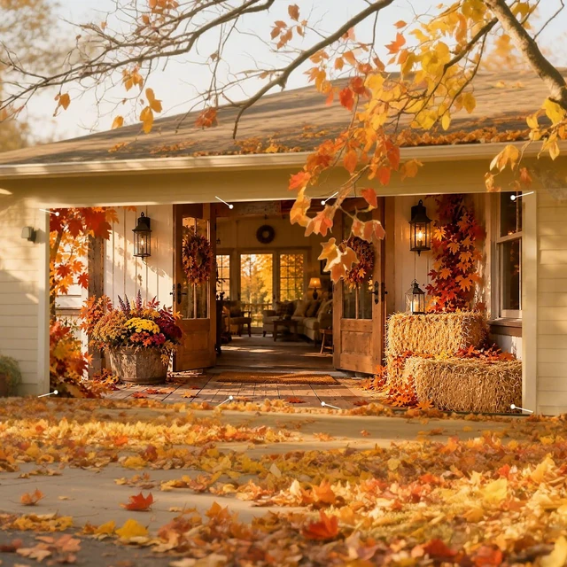 Alt view image 6 of 7 - Thanksgiving Garage Door Cover, Rustic Hay Bale Porch Scene | 6x13ft size, Polyester cloth specs, autumn harvest decor, seasonal display, neat edges, easy hanging design, 1 pack count