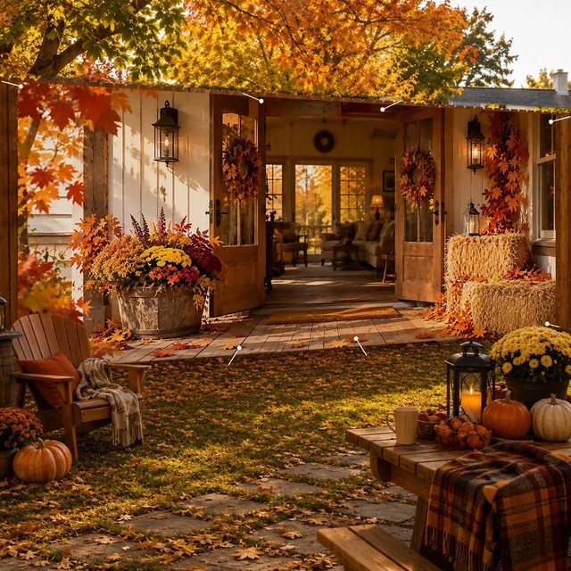 Alt view image 2 of 7 - Thanksgiving Garage Door Cover, Rustic Hay Bale Porch Scene | 6x13ft size, Polyester cloth specs, autumn harvest decor, seasonal display, neat edges, easy hanging design, 1 pack count
