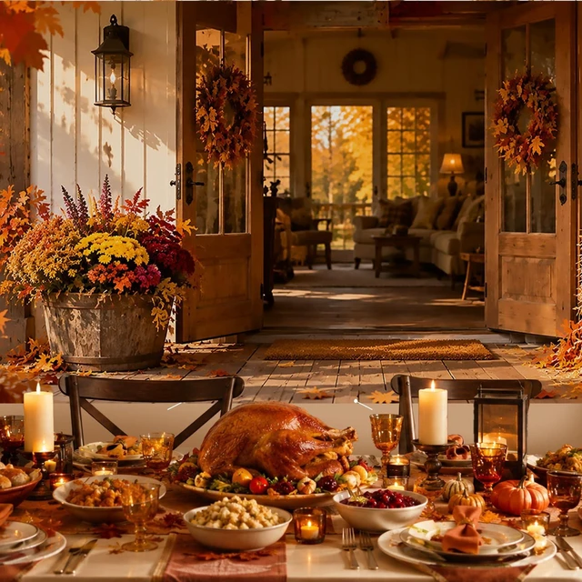 Alt view image 7 of 7 - Thanksgiving Garage Door Cover, Rustic Hay Bale Porch Scene | 6x13ft size, Polyester cloth specs, autumn harvest decor, seasonal display, neat edges, easy hanging design, 1 pack count