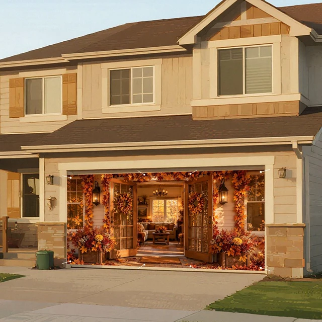 Alt view image 4 of 7 - Autumn Maple Leaf Garage Door Cover, Farmhouse Porch Scene | 6x13ft size, Polyester cloth specs, fall harvest decor, festive backdrop, neat edges, easy hanging design, 1 pack count