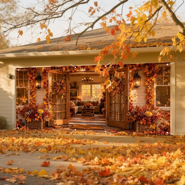 Alt view image 6 of 7 - Autumn Maple Leaf Garage Door Cover, Farmhouse Porch Scene | 6x13ft size, Polyester cloth specs, fall harvest decor, festive backdrop, neat edges, easy hanging design, 1 pack count