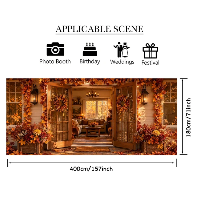 Alt view image 3 of 7 - Autumn Maple Leaf Garage Door Cover, Farmhouse Porch Scene | 6x13ft size, Polyester cloth specs, fall harvest decor, festive backdrop, neat edges, easy hanging design, 1 pack count