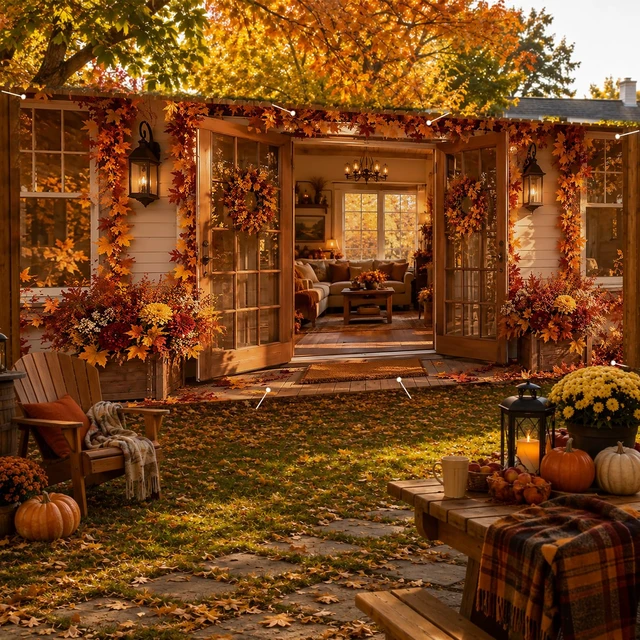 Alt view image 2 of 7 - Autumn Maple Leaf Garage Door Cover, Farmhouse Porch Scene | 6x13ft size, Polyester cloth specs, fall harvest decor, festive backdrop, neat edges, easy hanging design, 1 pack count
