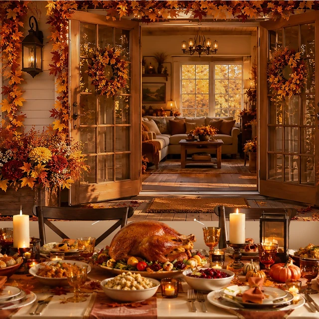 Alt view image 7 of 7 - Autumn Maple Leaf Garage Door Cover, Farmhouse Porch Scene | 6x13ft size, Polyester cloth specs, fall harvest decor, festive backdrop, neat edges, easy hanging design, 1 pack count