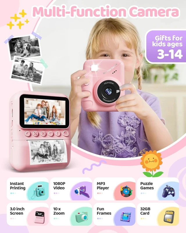 Main image of Kids Camera Instant Print for Girls Ages 3-14, 3-inch HD Screen Camera for Kids with Printing Paper, 1080P Digital Toddler Toys for 4 5 6 7 8 9 10 11 12 Years Old (Pink)