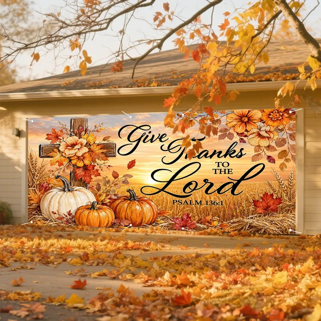 Alt view image 6 of 7 - Thanksgiving Fall Garage Door Banner 6X13ft Polyester | Cross decor, wheat element, fall door cover, thanksgiving garage door cover, Farmhouse, Courtyard (Sunset crosspumpkin print