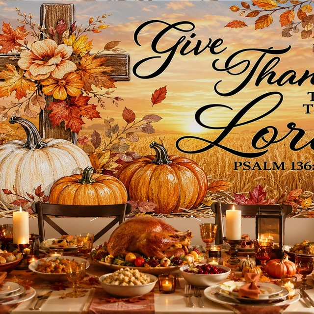 Alt view image 7 of 7 - Thanksgiving Fall Garage Door Banner 6X13ft Polyester | Cross decor, wheat element, fall door cover, thanksgiving garage door cover, Farmhouse, Courtyard (Sunset crosspumpkin print