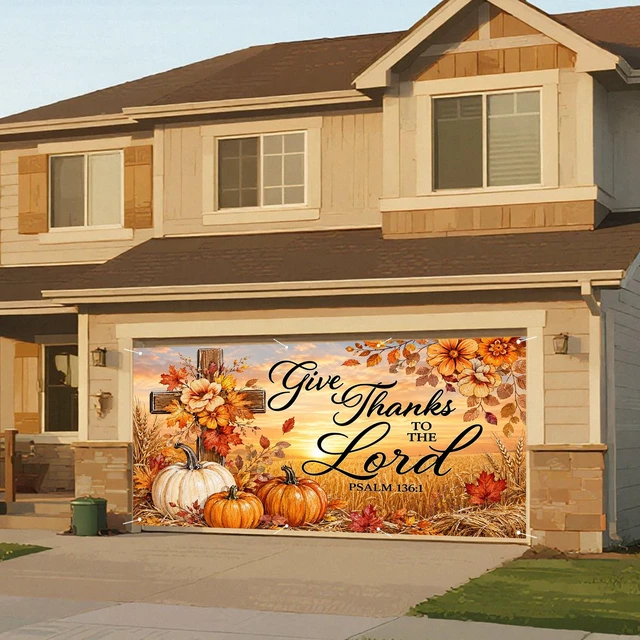 Alt view image 4 of 7 - Thanksgiving Fall Garage Door Banner 6X13ft Polyester | Cross decor, wheat element, fall door cover, thanksgiving garage door cover, Farmhouse, Courtyard (Sunset crosspumpkin print
